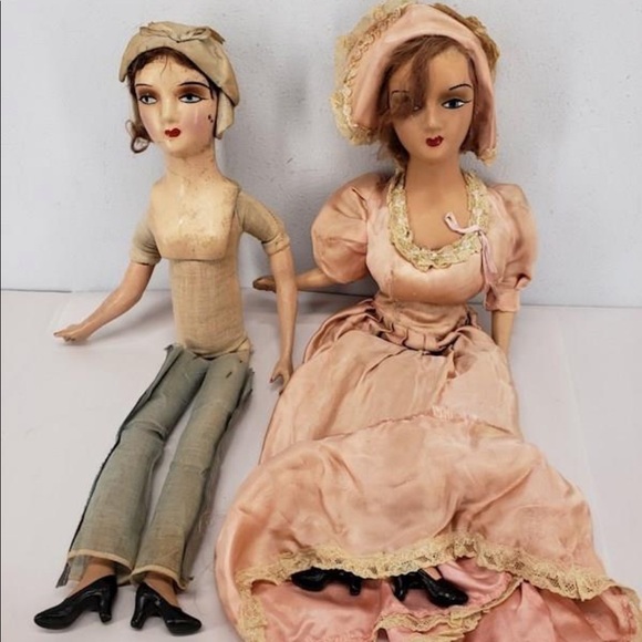Antique 1920’s French Boudoir Silk Bed Dolls 1 in Vintage Dress